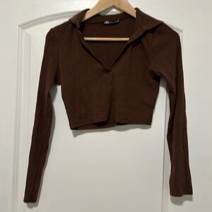 Zara collared long sleeve v neck crop top